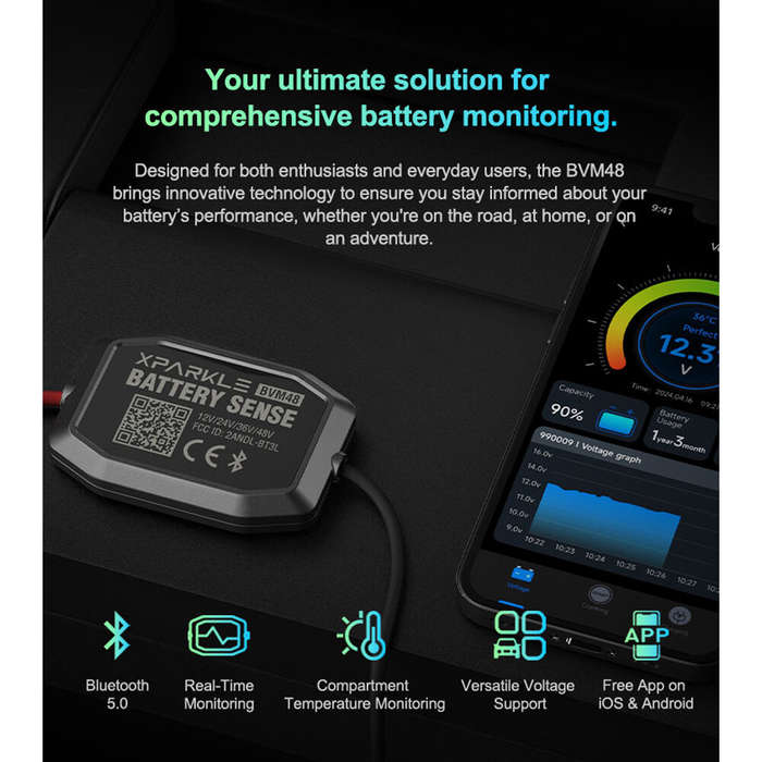 Black - Xparkle BVM02 bluetooth Battery Monitor Real Time Monitoring for Cars Yachts Off-Road Vehicl
