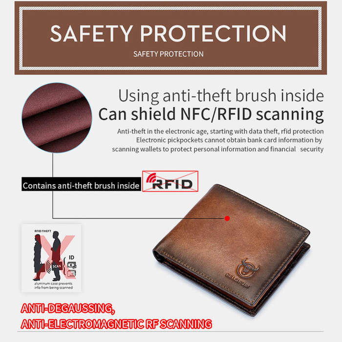 Red - BULLCAPTAIN Genuine Leather RFID Blocking Wallet for Men, Retro Thin Short Multi-functional ID