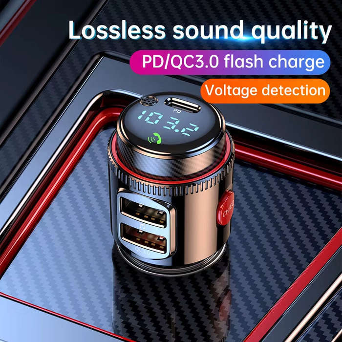 Black - T23 bluetooth V5.4 FM Transmitter 30W PD+QC3.0 USB Car Charger Blue LED Digital Display Wire