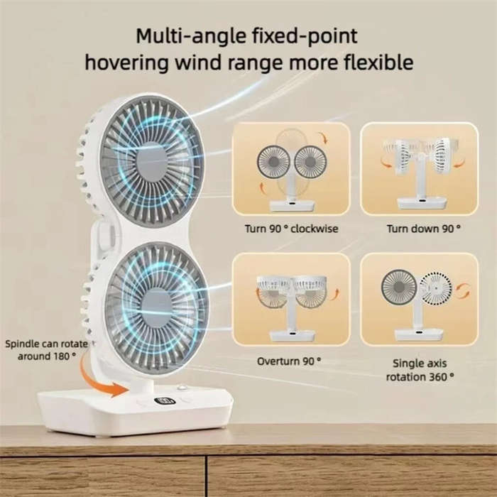 White - Double Head Desktop Oscillating Fan,360Rotation USB Rechargeable 4000mAh Battery Powered Por