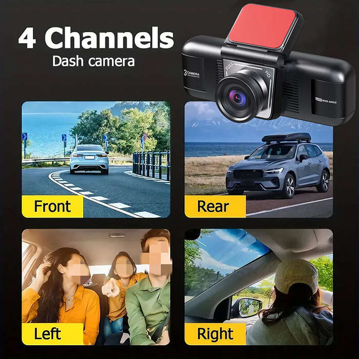 Black - 2Inch IPS Screen Dash Camera 4 Channel 1080P HD Driving Recorder Loop Recording G-Sensor Wid