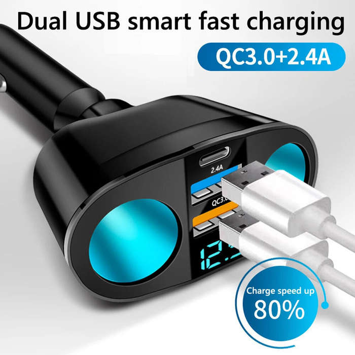 120W QC3.0 Car Charger 12V/24V Dual USB Power Adapter Fast Charging Car Lighter Socket with Blue LED