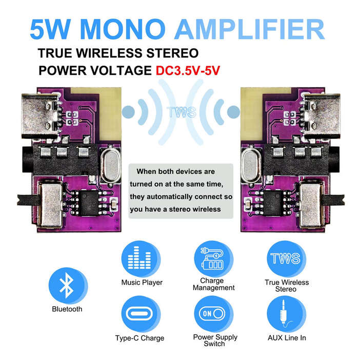 1pc - DC 3.5V-5V 5W Bluetooth 5.4 Mono Amplifier Decoder Board MP3 Player TWS 3.5mm AUX Module Recei