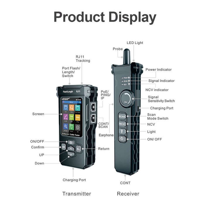 NOYAFA NF-8506 LCD Digital Network Cable Tester Rechargeable Network Line Finder Multifunctional Wir