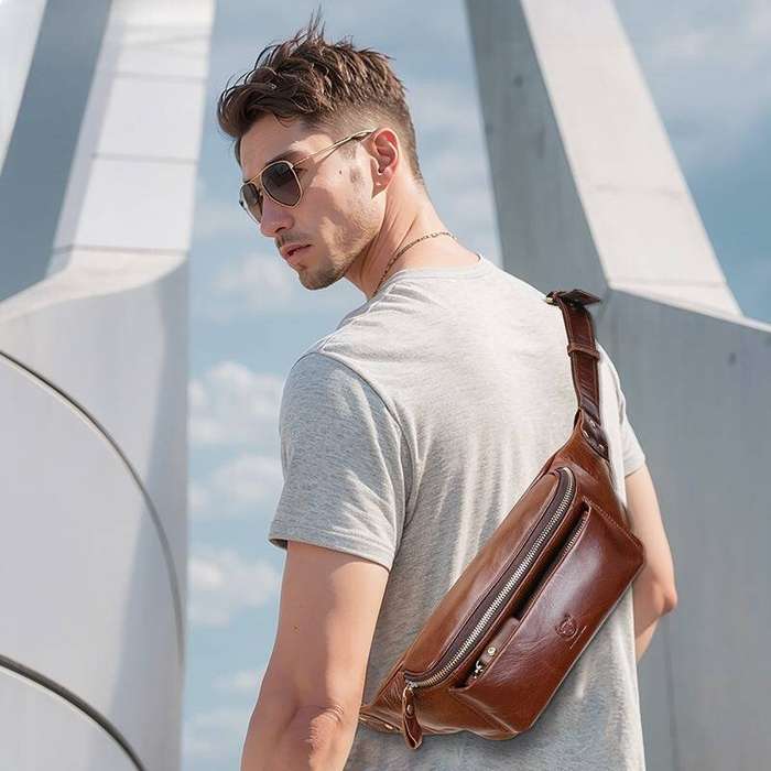 Coffee - BULLCAPTAIN Men's Genuine Leather Fanny Bag Adjustable Strap Waist Bag Retro Crossbody Ches