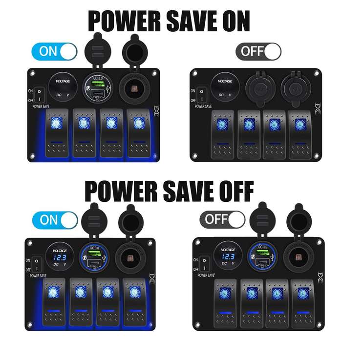 Green - 4 Gang Marine Boat Rocker Switch Panel Waterproof Toggle Switch with Power Save for Truck RV