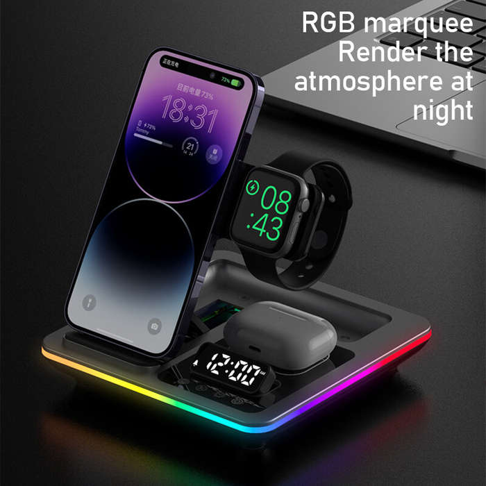 Silver - XJCX A93 5-in-1 15W Foldable RGB Wireless Charger with Digital Display Time & Alarm Clock F