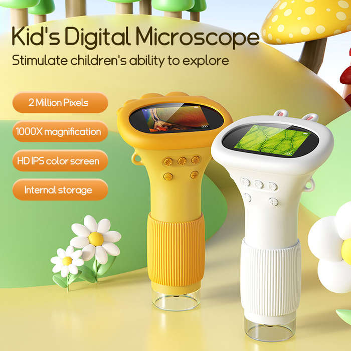 White - 1000X Portable Kid's Microscope 2 MP Camera 2.0 Inch IPS Screen 8 LEDs Rechargeable Battery