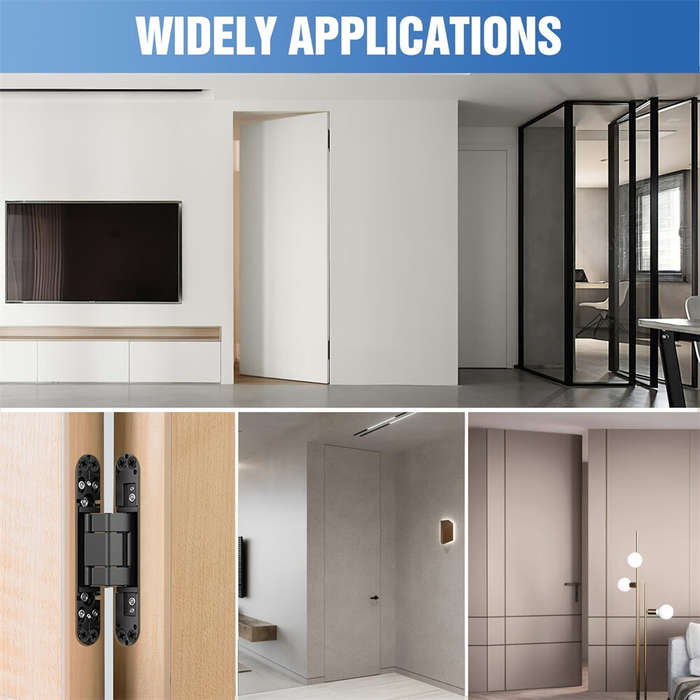 Black - 6 Inch Invisible Silent Door Hinges 180 Degree Swing 3 Way Adjustable Premium Zinc Alloy Hea