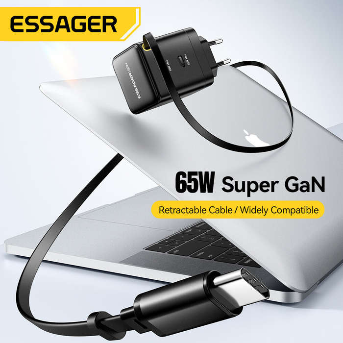US Plug - [GaN Tech] ESSAGER G652CE 65W 2-Port USB PD Charger Type-C+Type-C Retractable Cable Suppor
