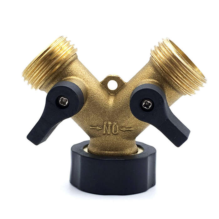 EU - Solid Brass 2 Way Y Valve Garden Hose Connector Splitter Adapter 3x3x2 inches with Moderate Gri