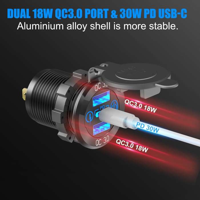 Black - 4 In 1 12V Marine Switch Panel Dual PD30W QC18W Car USB Port Aluminum Charger Lighted 150W C