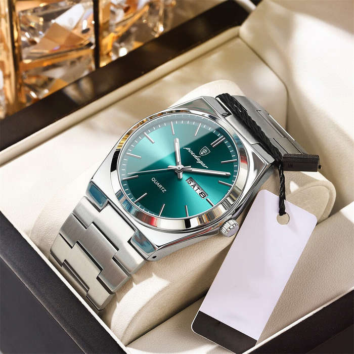 Green - POEDAGAR Luxury Men Quartz Watch Waterproof Luminous Sport Watches Date Week Stainless Steel
