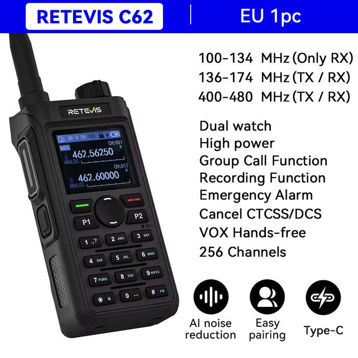 EU Band - Retevis C62 5W Long Range Walkie Talkie VHF/UHF Dual Mode Professional Two-Way Radio for C