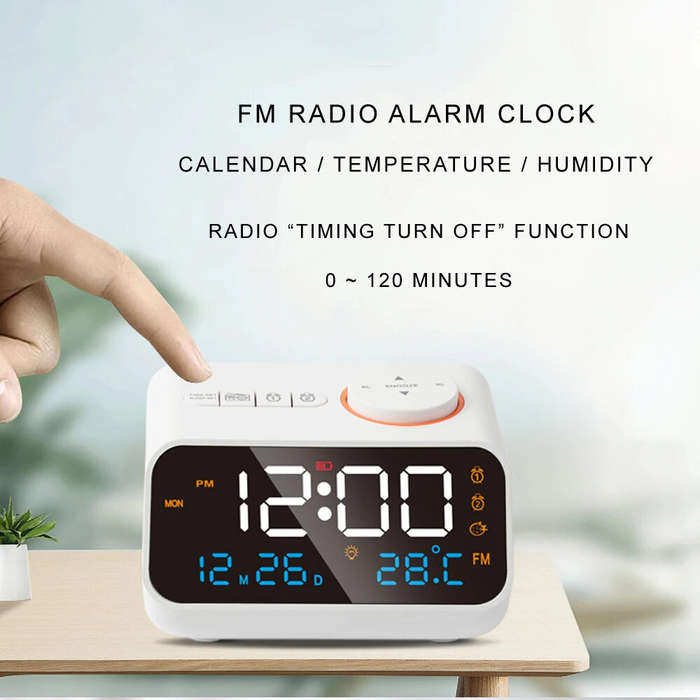 White - Multi-Functional LED Voice Control Clock Hygrometer FM Radio Dual Alarms Adjustable Brightne