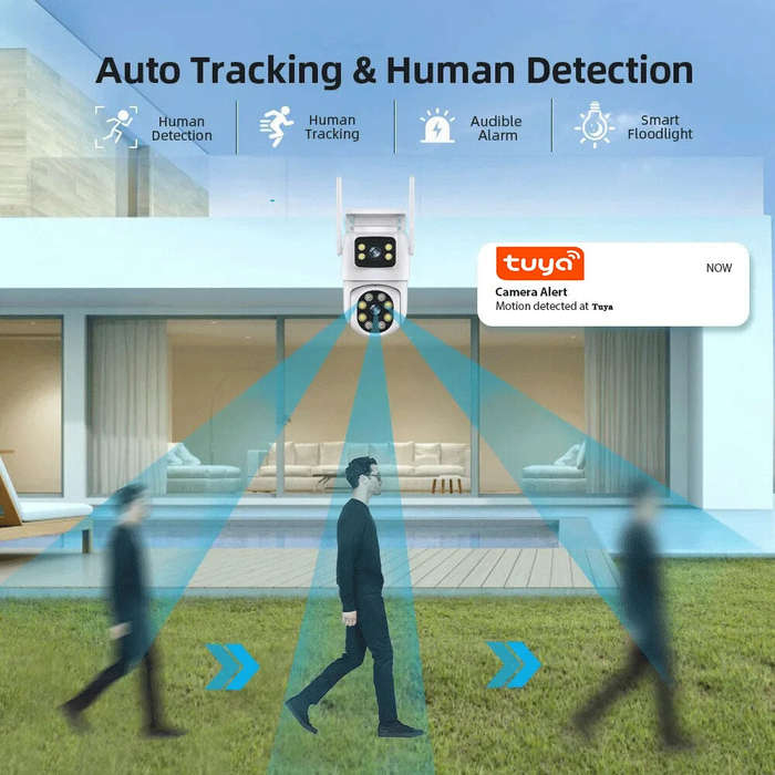 EU Plug - 4MP Dual Lens Tuya Wifi Camera PTZ Outdoor 4K Wireless Dual Screen Security Camera Auto Tr