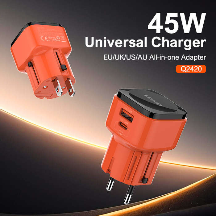 with Type-C to Type-C Cable - [GaN Tech] LDNIO Q2420 45W 2-Port USB PD CHarger USB-A+USB-C PD QC4+/3
