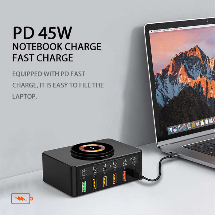 WLX-818H 65W 6-Port USB PD Charger 5USB-A+USB-C PD QC3.0 Fast Wireless Charger Desktop Charging Stat