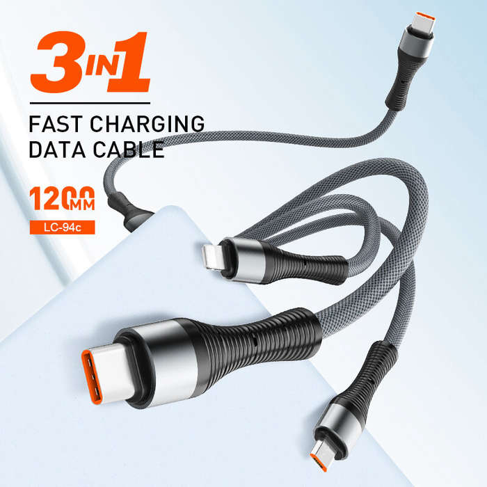 Black - LDNIO LC-94c 100W Type-C to iP/Type-C/Micro USB Cable Fast Charging Data Transmission Copper