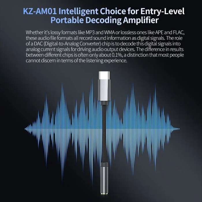 Black - KZ AM01 Type-C to 3.5mm Audio Adapter 32bit/384kHz Hi-Fi DAC IC Amplifier Dual Chip Earphone