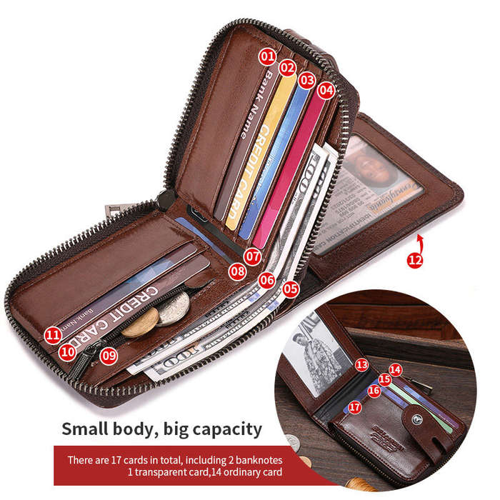 Brown - BULLCAPTAIN Genuine Leather Bifold Men Zipper Wallet RFID Blocking Mutil Card Holder Coin Pu