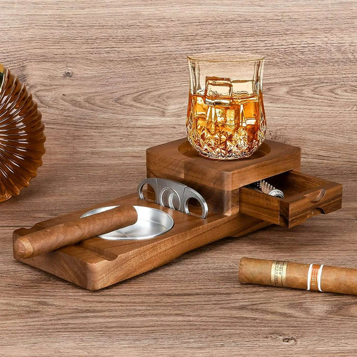Brown - Wooden Cigar Ashtray Drinks Solid Wood Track Whiskey Tea Tray Cigar Holder Ashtray Cup Holde