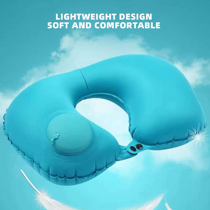 Green - U-Shaped Travel Pillow Press Inflatable Pillow Neck Portable Foldable Outdoor Travel Car Air