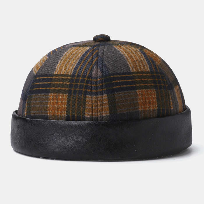 Collrown Unisex Patchwork Color Plaids Pattern Casual Retro Brimless Beanie Landlord Hat Skull Hat