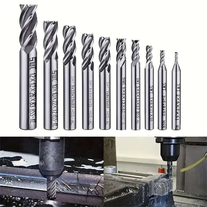 10PCS Set - 10PCS 4 Flutes End Mill Bits 2-12mm Straight Milling Cutter Straight Shank Drill Bits fo