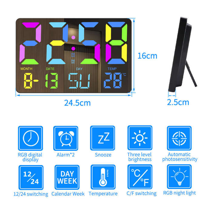 Black - AGSIVO Large RGB Rainbow Digital Wall Clock Alarm Clock Large LED Display with Snooze / Remo