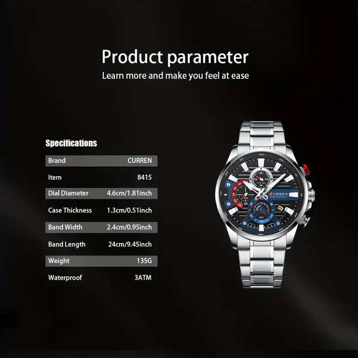 Blue Silver - CURREN Chronograph Men's Business Sports Quartz Watch Casual Fashion Analog Calendar W