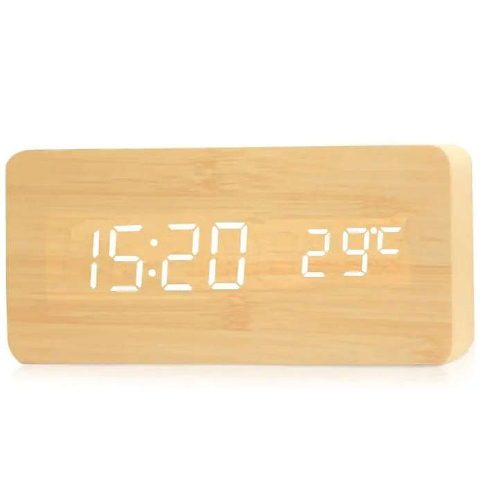 Brown - LED Electronic Wooden Alarm Clock Time Temperature Display USB + Battery Dual Power Supply D
