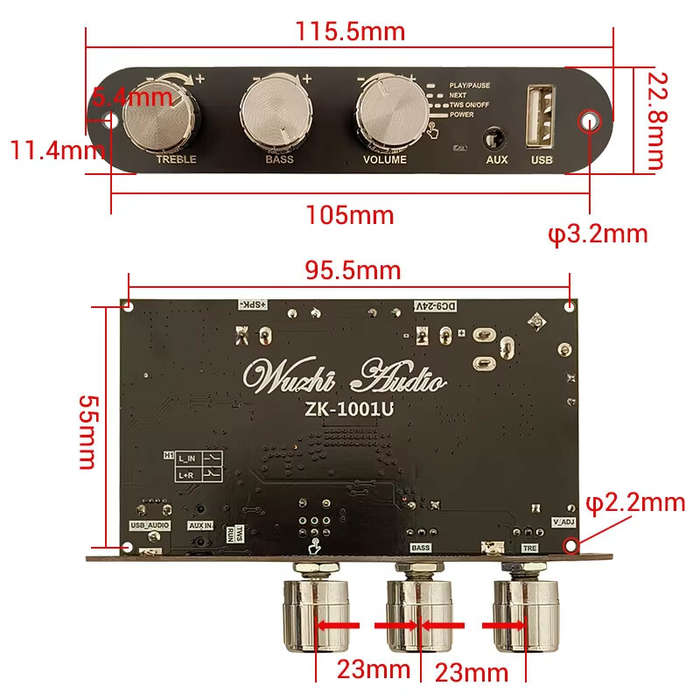 Black - Wuzhi ZK-1001U Audio Bluetooth Amplifier Board Mono 100W TPA3116D2 with Treble Bass Control