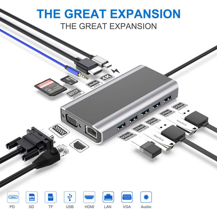Bakeey FX14W 13 in 1 USB-C Hub Docking Station Adapter with 1*PD/ 1*SD/ 1*TF/ 5*USB 3.0/ 1*HDMI/1*LA