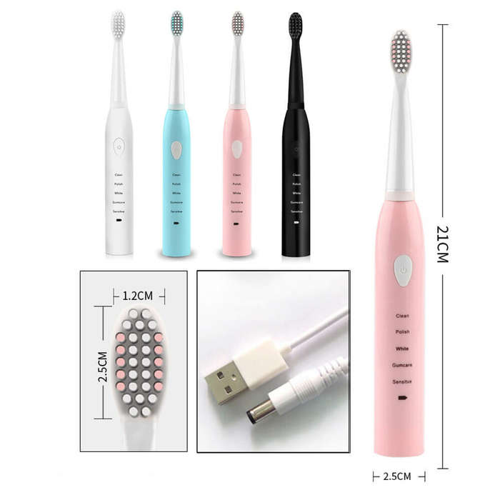 Black - IPX7 Ultrasonic Electric Toothbrush 5 Modes USB Rechargeable Sonic Automatic Teeth Cleaner w