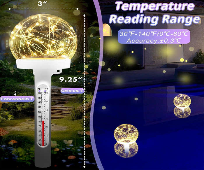 Warm light - Solar Powered Floating Pool Thermometer Easy to Read Night Display Waterproof High Accu