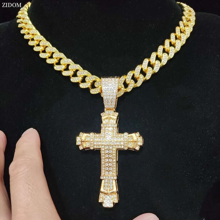 Silver - Rhinestone Cross Pendant Necklace Charm Shiny Zircon Cross Necklace for Men Women Hiphop Ne