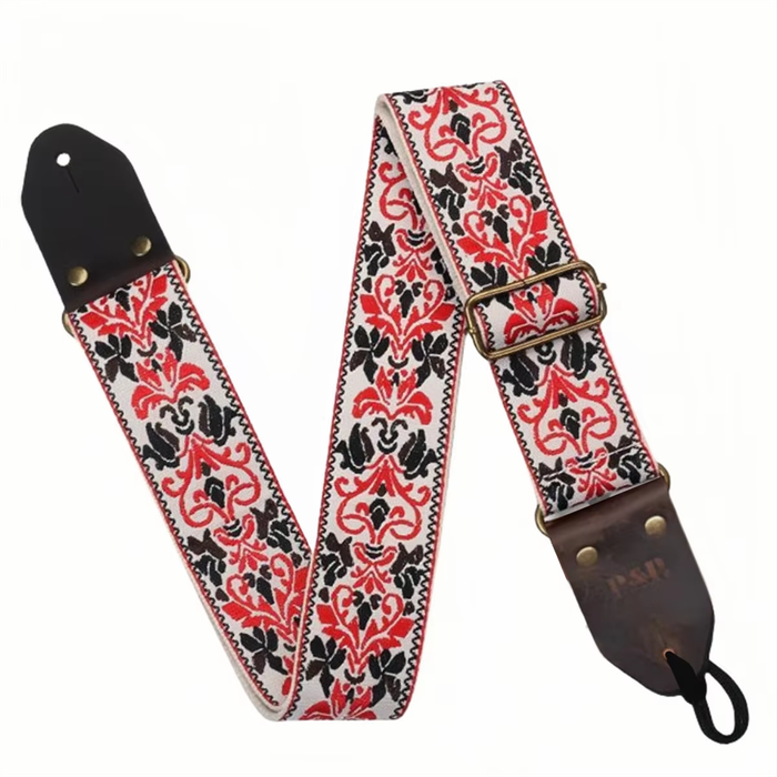 Red & White - Embroidered Soft Vintage Flower Adjustable Creative Cotton Leather Guitar Strap