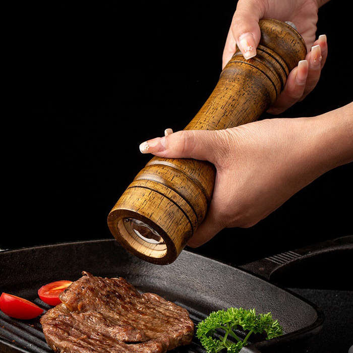 8 inch - Classic Manual Salt Mill Wooden Pepper Grinder Set Salt Grinder Refillable Pepper Mill Pepp