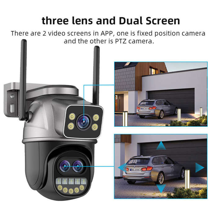 Black - Guudgo 4K HD WiFi IP Camera 8MP Three Lens 5X Zoom Outdoor Security Camera Night Vision Moti