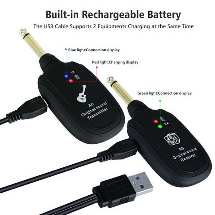 A8 4 Channels Guitar Pickup Wireless System Transmitter Receiver Built-In Rechargeable Lithium Batte