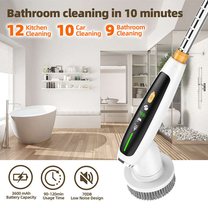 White - 3600mAh Electric Cleaning Brush with 7 Interchangeable Drill Brush Heads Adjustable Handle a