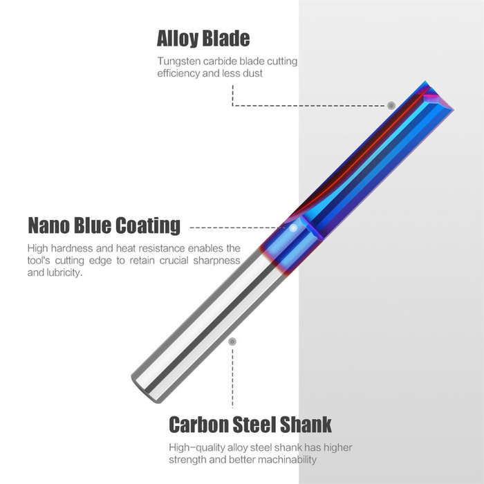 1/4 Inch / 6.35mm - 1/4inch/ 6.35mm 8mm Shank 2-Flute Tungsten Carbide Straight Router Bit with Nano