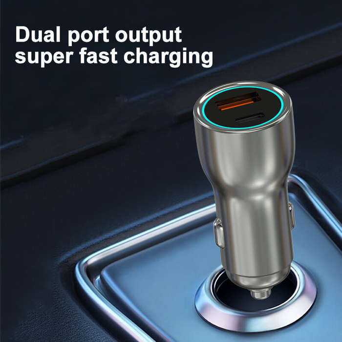 Silver - 60W Fast Charging Car Charger PD & QC Dual Port Fast Type C Charging Power Delivery Adapter