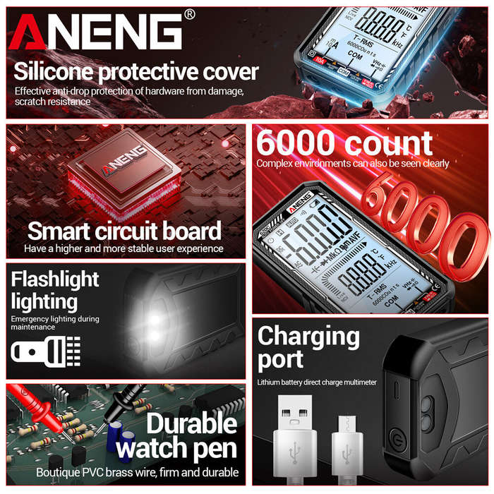 Red - ANENG 620C Digital Multimeter 6000 Counts AC/DC Voltage Current Tester with Backlit Screen Aut