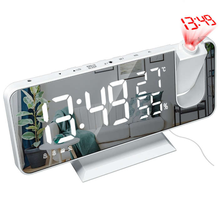 white/white - LED Mirror Alarm Clock Big Screen Temperature and Humidity Display with Radio and Time