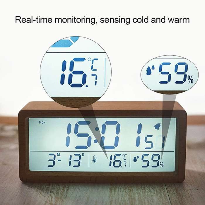 #A - LED Wooden Digital Alarm Clock Multifunctional Large Screen Date Temperature Humidity Backlight