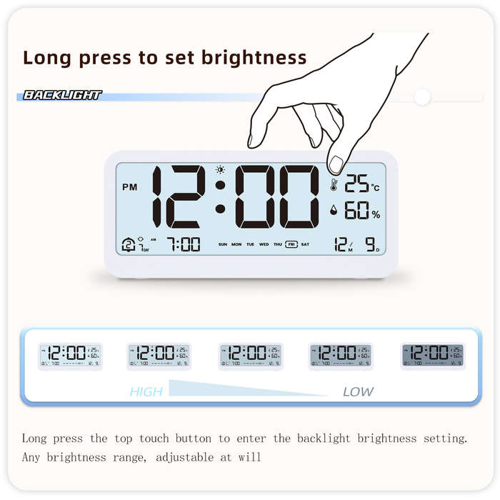 LCD Smart Digital Alarm Clock with Large Display Thermometer Hygrometer Anti-Slip Bottom with Night