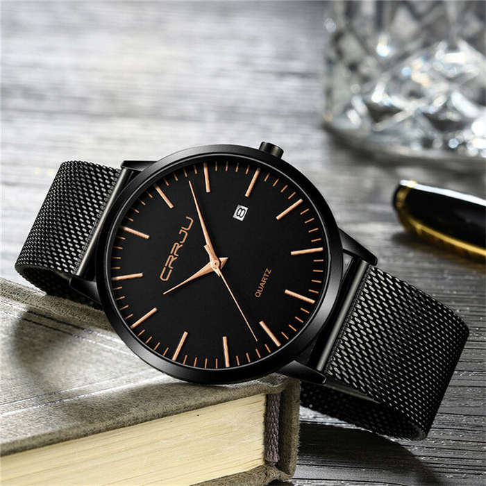 Black - CRRJU Thin Men Watch Casual Simple Calendar Watch Quartz Watch Waterproof Sports Black Watch
