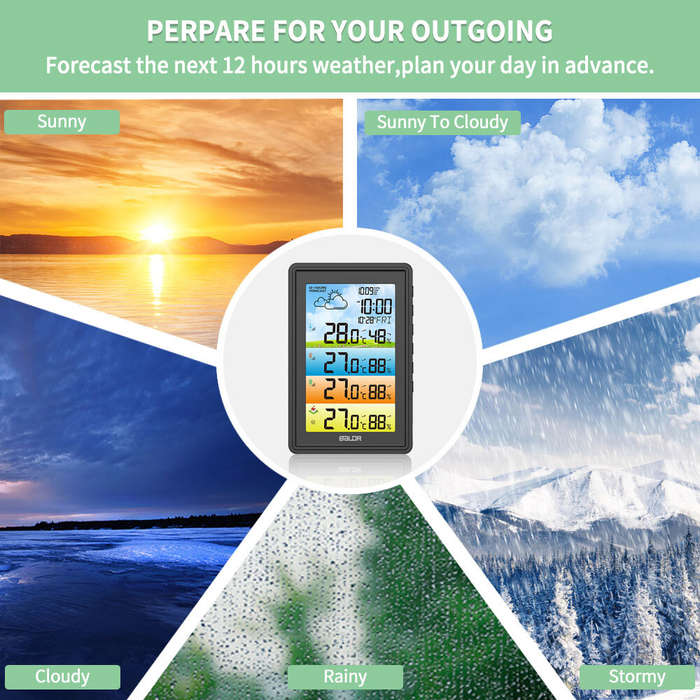 Black - BALDR 3 Sensors Weather Station Wireless Indoor Outdoor Thermometer with Alarm Clock / Calen